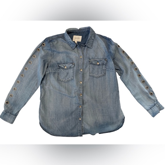 Jessica Simpson Tops - Jessica Simpson Blue Denim Shirt with Grommet Detail on Sleeves - Size Large